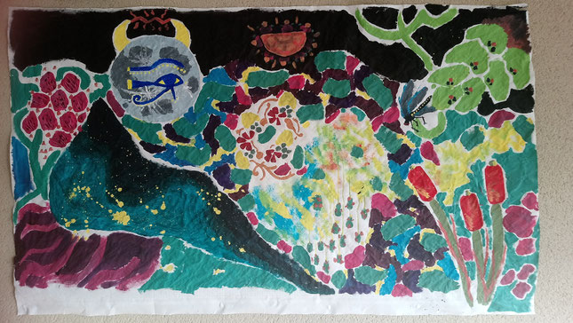 Peinture collective réalisée pendant LaboGN 2021 sur la thématique du poème "Ophélie" de Rimbaud. (tous droits réservés)